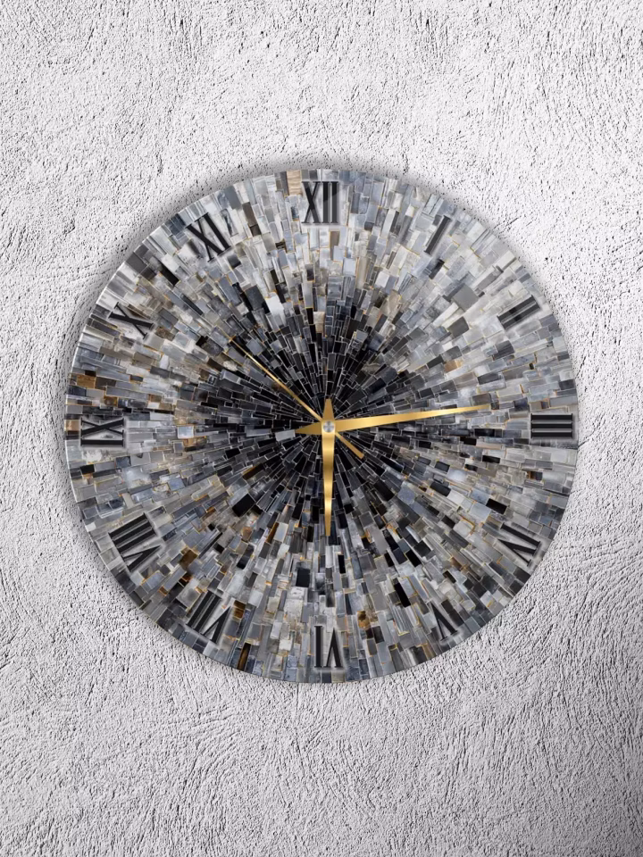 KIRILMAZ CAM DUVAR SAATİ, HEM TABLO HEM SAAT GRİ SİYAH GEOMETRİK DESEN EV OFİS HEDİYESİ