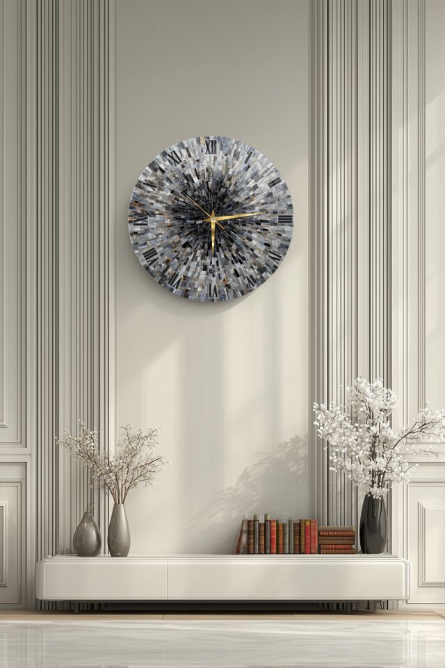 KIRILMAZ CAM DUVAR SAATİ, HEM TABLO HEM SAAT GRİ SİYAH GEOMETRİK DESEN EV OFİS HEDİYESİ