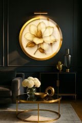 MANOLYA ÇİÇEĞİ ALTIN DETAYLI TASARIM KIRILMAZ YUVARLAK CAM TABLO LÜKS EV HEDİYESİ ULTRA CANLI RENKLİ