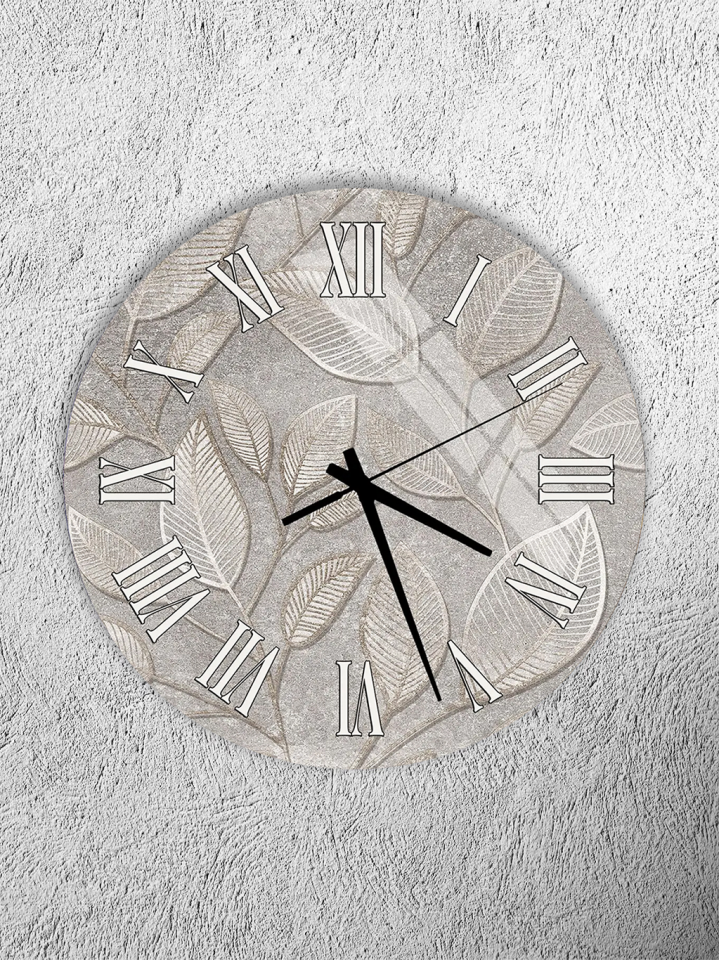 KIRILMAZ CAM DUVAR SAATİ, HEM TABLO HEM SAAT YAPRAK DOKULU BEJ TONLARDA MİNİMAL EV OFİS HEDİYESİ