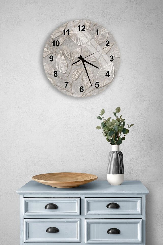 KIRILMAZ CAM DUVAR SAATİ, HEM TABLO HEM SAAT YAPRAK DOKULU BEJ TONLARDA MİNİMAL EV OFİS HEDİYESİ