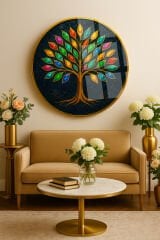 RENKLİ ZÜMRÜT YAPRAKLI AĞAÇ TASARIMI KIRILMAZ YUVARLAK CAM TABLO LÜKS EV HEDİYESİ ULTRA CANLI RENKLİ