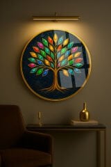 RENKLİ ZÜMRÜT YAPRAKLI AĞAÇ TASARIMI KIRILMAZ YUVARLAK CAM TABLO LÜKS EV HEDİYESİ ULTRA CANLI RENKLİ