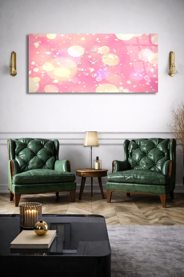 KIRILMAZ CAM DUVAR SAATİ , HEM TABLO HEM SAAT PEMBE IŞIKLI ROMANTİK MODERN DEKOR EV OFİS HEDİYESİ