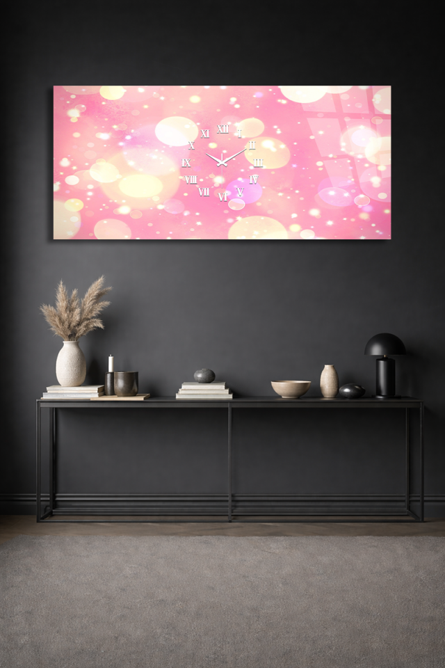 KIRILMAZ CAM DUVAR SAATİ , HEM TABLO HEM SAAT PEMBE IŞIKLI ROMANTİK MODERN DEKOR EV OFİS HEDİYESİ