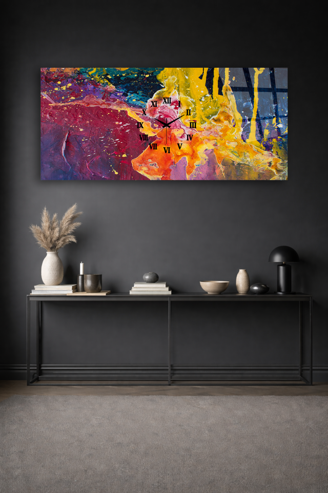 KIRILMAZ CAM DUVAR SAATİ , HEM TABLO HEM SAAT SARI MOR SOYUT SANAT EV OFİS HEDİYESİ