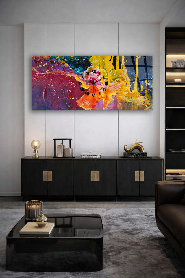KIRILMAZ CAM DUVAR SAATİ , HEM TABLO HEM SAAT SARI MOR SOYUT SANAT EV OFİS HEDİYESİ