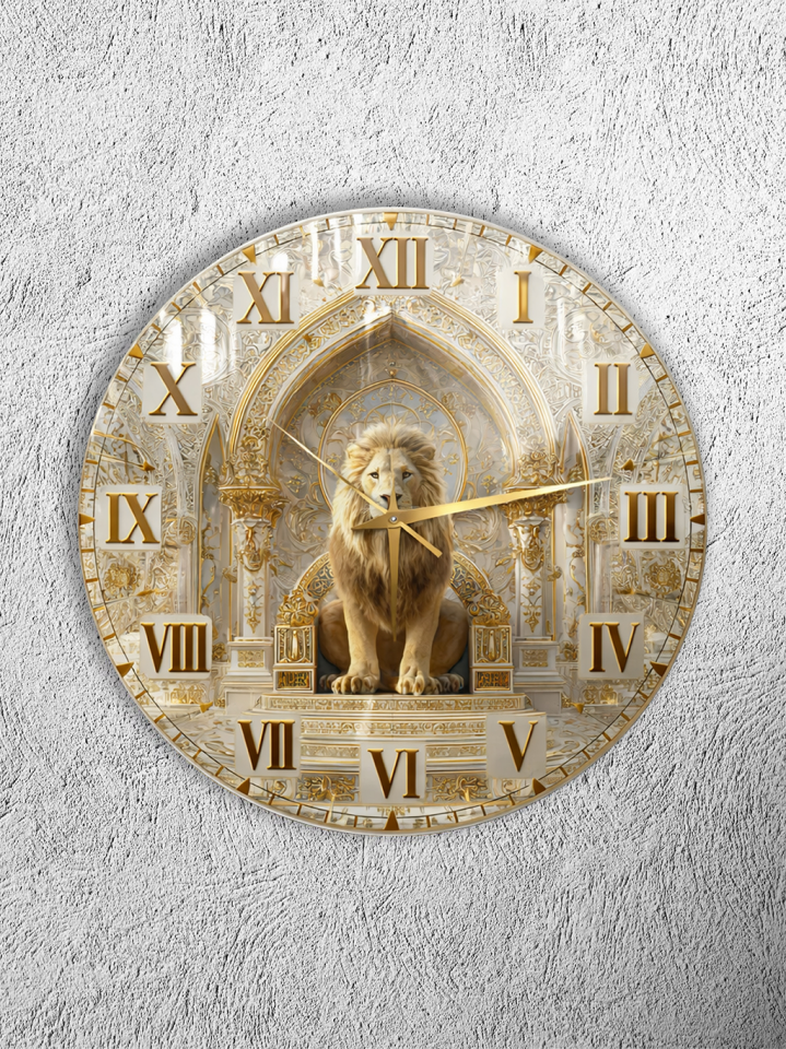 465.	KIRILMAZ CAM DUVAR SAATİ, HEM TABLO HEM SAAT ASLAN FİGÜRLÜ SARAY TEMALI GOLD DETAYLI TASARIM EV OFİS HEDİYESİ