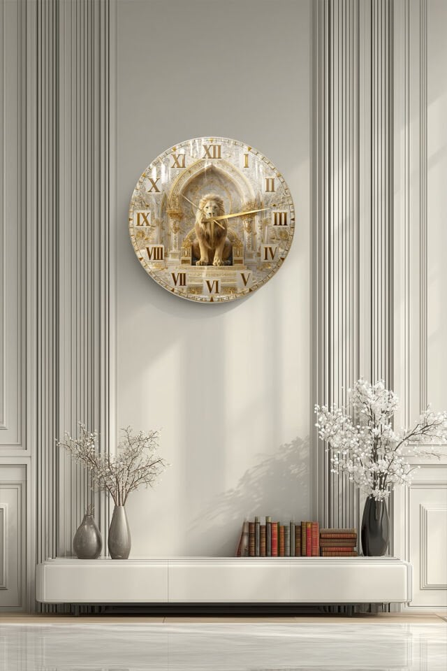 465.	KIRILMAZ CAM DUVAR SAATİ, HEM TABLO HEM SAAT ASLAN FİGÜRLÜ SARAY TEMALI GOLD DETAYLI TASARIM EV OFİS HEDİYESİ