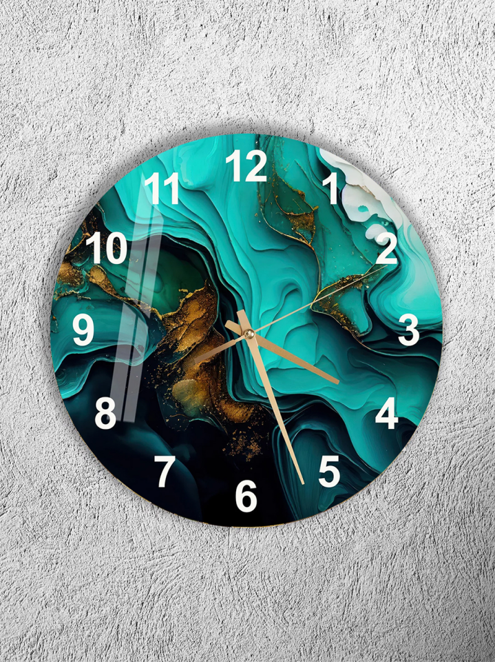 KIRILMAZ CAM DUVAR SAATİ, HEM TABLO HEM SAAT TURKUAZ ALTIN DAMARLI SOYUT SANAT EV OFİS HEDİYESİ