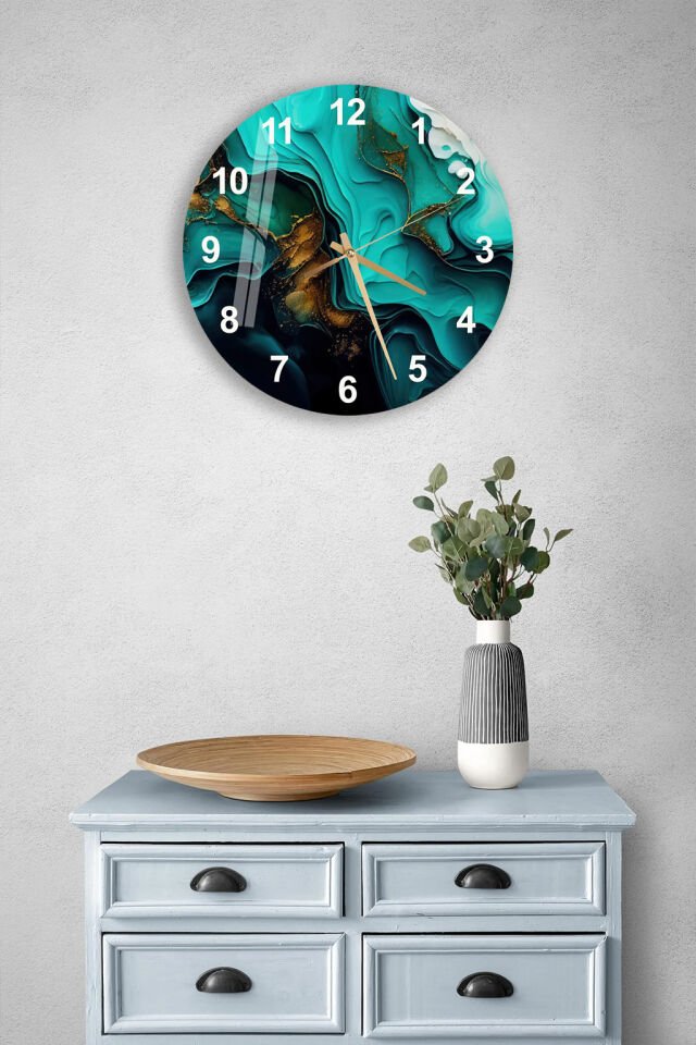 KIRILMAZ CAM DUVAR SAATİ, HEM TABLO HEM SAAT TURKUAZ ALTIN DAMARLI SOYUT SANAT EV OFİS HEDİYESİ