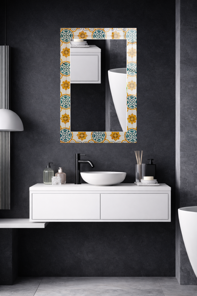 HEM TABLO HEM AYNA SARI TURKUAZ RETRO DESEN CAM DUVAR AYNASI EV DEKORU