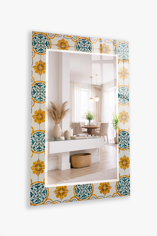 HEM TABLO HEM AYNA SARI TURKUAZ RETRO DESEN CAM DUVAR AYNASI EV DEKORU