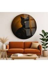 ASİL SOYUT KEDİ TASARIMI KIRILMAZ YUVARLAK CAM TABLO LÜKS EV HEDİYESİ ULTRA CANLI RENKLİ