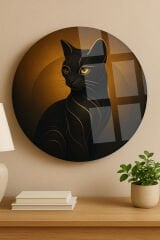 ASİL SOYUT KEDİ TASARIMI KIRILMAZ YUVARLAK CAM TABLO LÜKS EV HEDİYESİ ULTRA CANLI RENKLİ