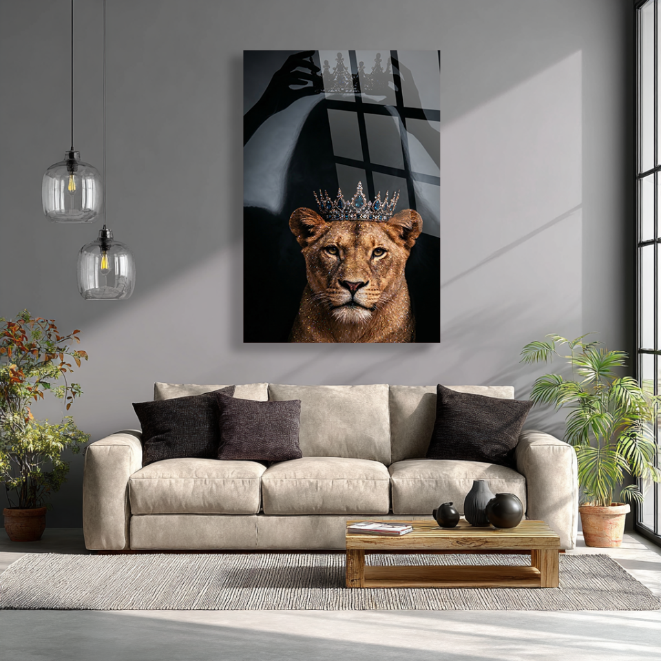 KIRILMAZ CAM TABLO TAÇLI ASLAN KRALİÇE GÜÇ VE ASİL HAYVAN TASARIMI