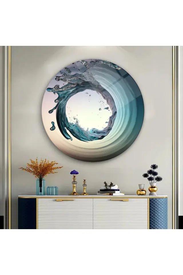 SU DAMLASI DALGA TASARIMI MODERN KIRILMAZ LÜKS YUVARLAK CAM TABLO MODERN HEDİYE TABLO Mavi