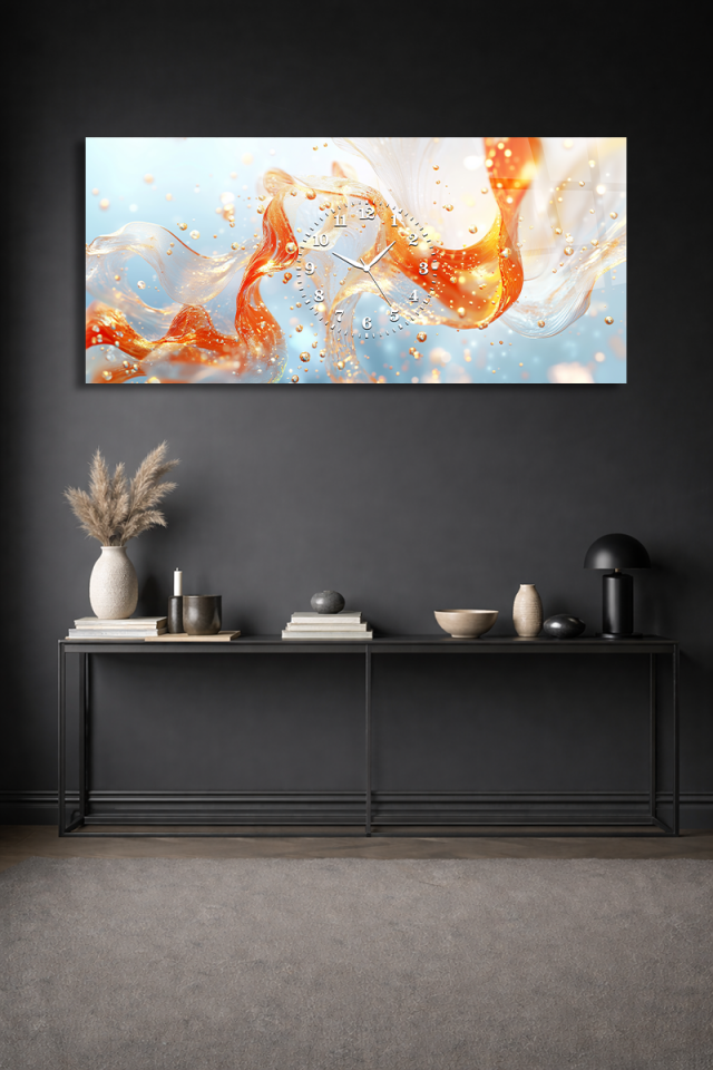KIRILMAZ CAM DUVAR SAATİ , HEM TABLO HEM SAAT TURUNCU MAVİ CAM AKIŞ SANATSAL EV OFİS HEDİYESİ