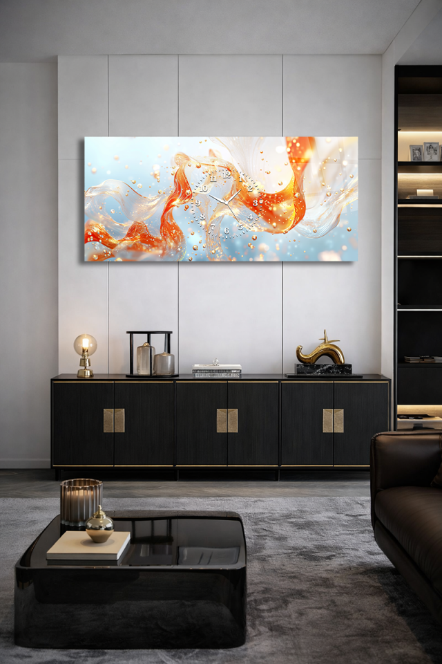 KIRILMAZ CAM DUVAR SAATİ , HEM TABLO HEM SAAT TURUNCU MAVİ CAM AKIŞ SANATSAL EV OFİS HEDİYESİ