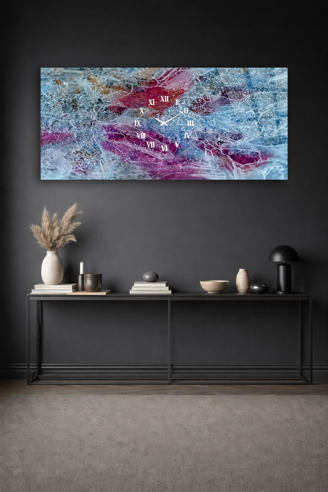 KIRILMAZ CAM DUVAR SAATİ , HEM TABLO HEM SAAT MAVİ BEYAZ MERMER DOKU EV OFİS HEDİYESİ