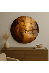 SEVİLİ ASLANLAR EVLİ ASLAN TASARIMI KIRILMAZ YUVARLAK CAM TABLO LÜKS EV HEDİYESİ ULTRA CANLI RENKLİ