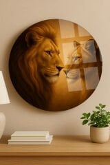 SEVİLİ ASLANLAR EVLİ ASLAN TASARIMI KIRILMAZ YUVARLAK CAM TABLO LÜKS EV HEDİYESİ ULTRA CANLI RENKLİ