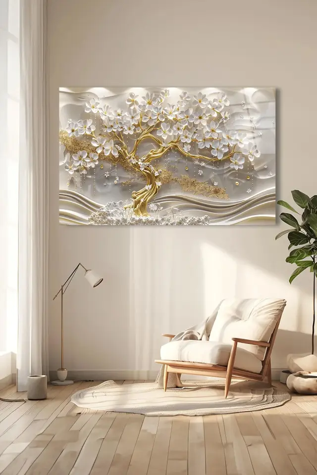GOLD DETAYLI ALTIN KÖKLÜ AĞAÇ YATAY TABLO ULTRA CANLI RENKLİ KIRILMAZ CAM TABLO EV HEDİYESİ Beyaz