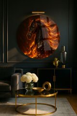 ASİL ALEVLİ AT TABLOSU TASARIMI KIRILMAZ YUVARLAK CAM TABLO LÜKS EV HEDİYESİ ULTRA CANLI RENKLİ