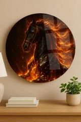 ASİL ALEVLİ AT TABLOSU TASARIMI KIRILMAZ YUVARLAK CAM TABLO LÜKS EV HEDİYESİ ULTRA CANLI RENKLİ