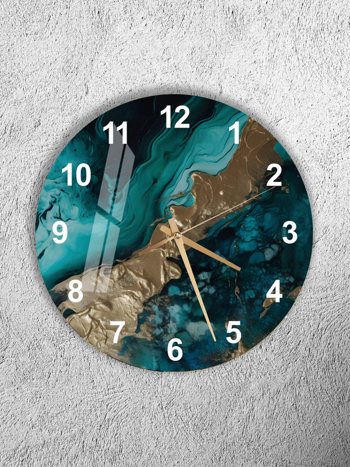 KIRILMAZ CAM DUVAR SAATİ, HEM TABLO HEM SAAT TURKUAZ BRONZ MERMER DESEN MODERN EV OFİS HEDİYESİ