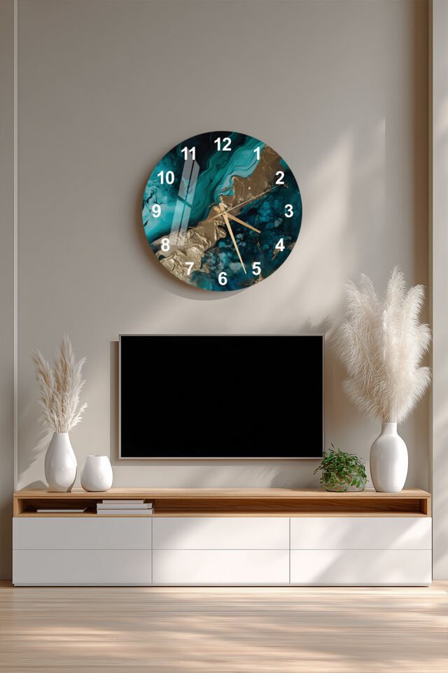 KIRILMAZ CAM DUVAR SAATİ, HEM TABLO HEM SAAT TURKUAZ BRONZ MERMER DESEN MODERN EV OFİS HEDİYESİ