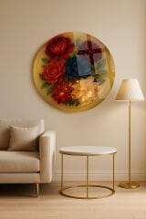 HARİKA IŞILTILI ÇİÇEKLER KIRILMAZ YUVARLAK CAM TABLO LÜKS EV HEDİYESİ ULTRA CANLI RENKLİ