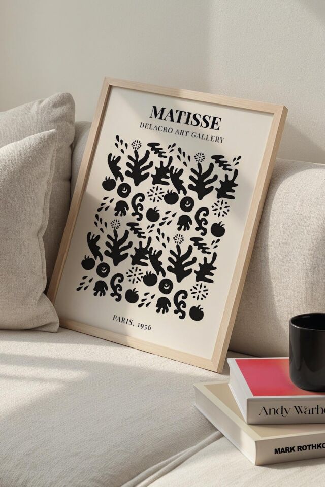 DOĞAL AHŞAP - Botanik Serisi Siyah Çiçekli Minimalist Matisse Doğal Ahşap Çerçeveli Duvar Tablosu