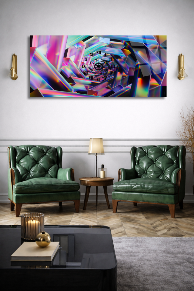 KIRILMAZ CAM DUVAR SAATİ , HEM TABLO HEM SAAT RENKLİ PRİZMA TÜNEL SOYUT TASARIM EV OFİS HEDİYESİ