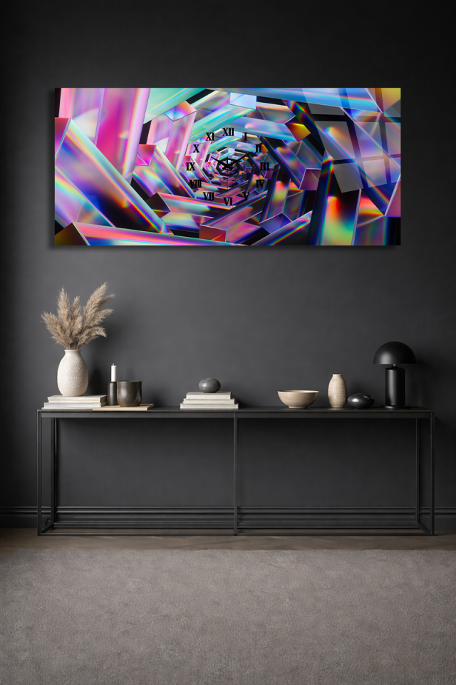 KIRILMAZ CAM DUVAR SAATİ , HEM TABLO HEM SAAT RENKLİ PRİZMA TÜNEL SOYUT TASARIM EV OFİS HEDİYESİ