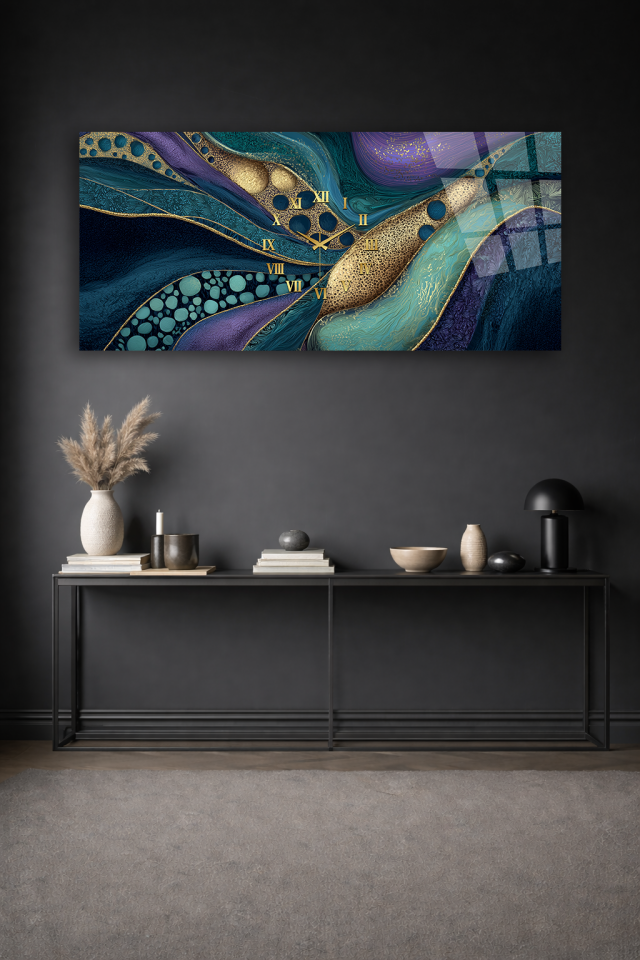 KIRILMAZ CAM DUVAR SAATİ , HEM TABLO HEM SAAT TURKUAZ ALTIN SOYUT SANAT EV OFİS HEDİYESİ