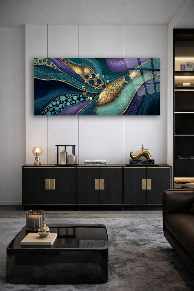 KIRILMAZ CAM DUVAR SAATİ , HEM TABLO HEM SAAT TURKUAZ ALTIN SOYUT SANAT EV OFİS HEDİYESİ