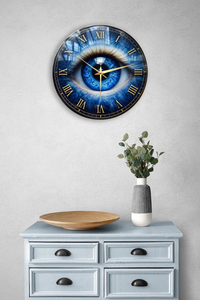 KIRILMAZ CAM DUVAR SAATİ, HEM TABLO HEM SAAT MAVİ GÖZ NAZAR TEMALI ROMA RAKAMLI SANATSAL TASARIM EV OFİS HEDİYESİ