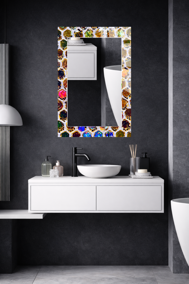 HEM TABLO HEM AYNA RENKLİ MOZAİK DESEN CAM DUVAR AYNASI EV DEKORU