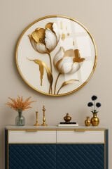 ALTIN DETAYLI BEYAZ LALE TABLOSU KIRILMAZ YUVARLAK CAM TABLO LÜKS EV HEDİYESİ ULTRA CANLI RENKLİ