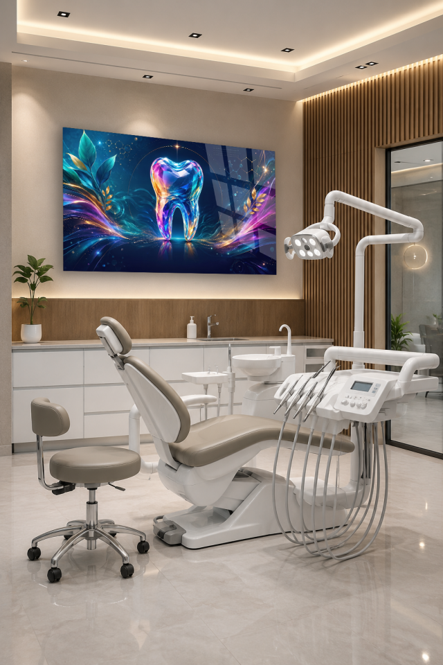 KIRILMAZ CAM TABLO RENKLİ KRİSTAL DİŞ TASARIMI DİŞ HEKİMİ KLİNİĞİ MUAYENEHANE OFİS DEKORU