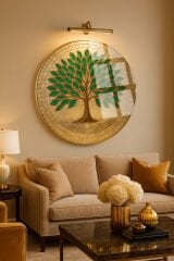 ZÜMRÜT YAPRAKLI MOZAİK AĞAÇ TASARIMI KIRILMAZ YUVARLAK CAM TABLO LÜKS EV HEDİYESİ ULTRA CANLI RENKLİ