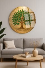 ZÜMRÜT YAPRAKLI MOZAİK AĞAÇ TASARIMI KIRILMAZ YUVARLAK CAM TABLO LÜKS EV HEDİYESİ ULTRA CANLI RENKLİ