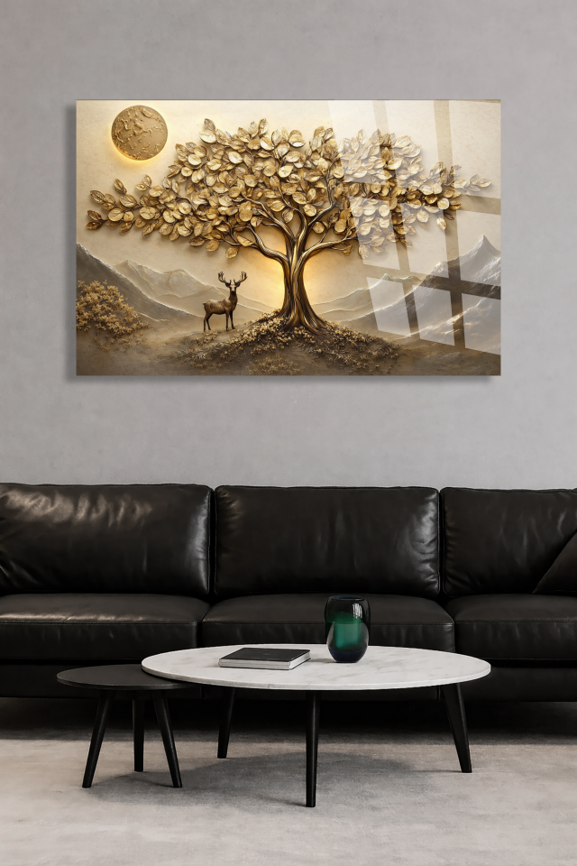 KIRILMAZ CAM TABLO ALTIN HAYAT AĞACI VE GEYİK DOĞA MANZARASI SANATSAL TASARIM
