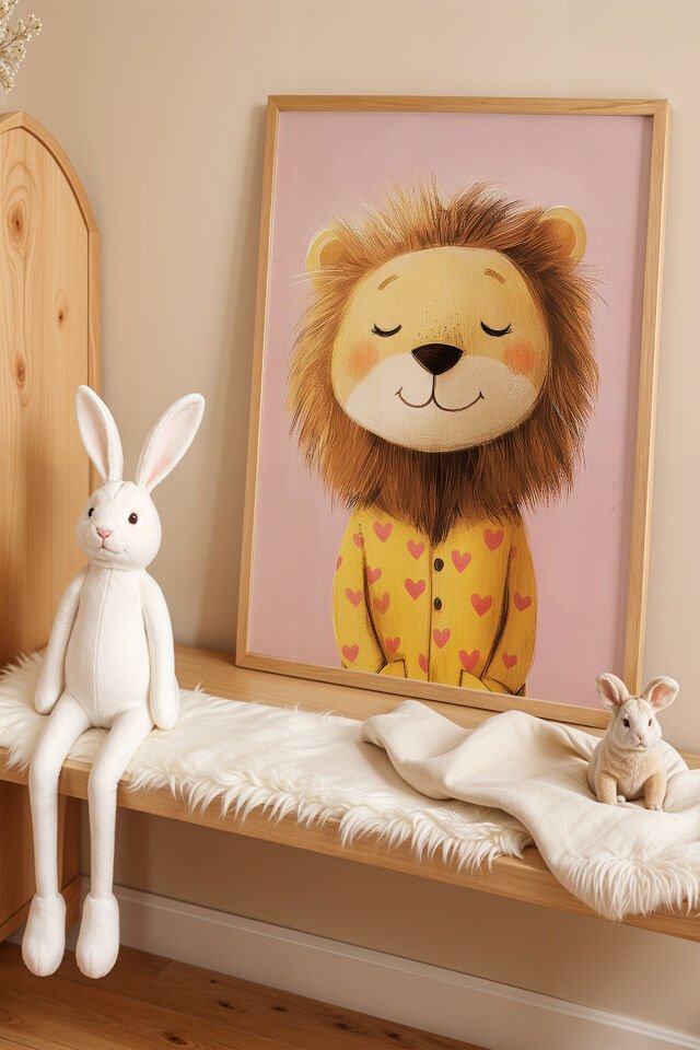 DOĞAL AHŞAP - Sevimli Pijamalı Aslan Çocuk Odası Ve Bebek Odası Ahşap Çerçeveli Duvar Tablosu