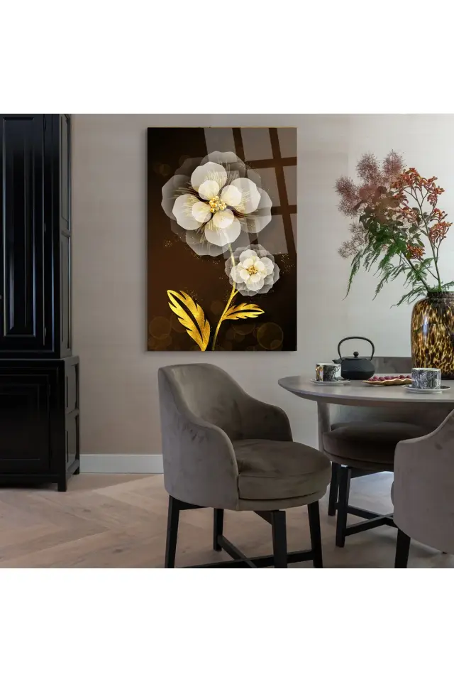 Gold Yapraklı Harika Çiçek Görseli Ultra Canlı Renkli Kırılmaz Cam Tablo Ev Hediyesi Sarı