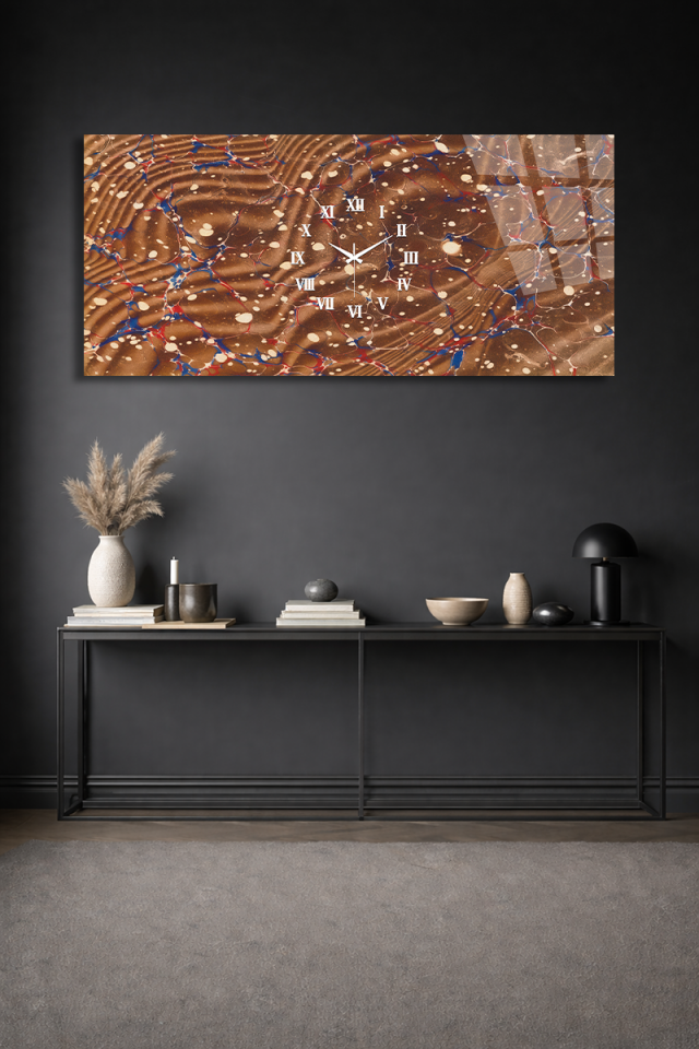 KIRILMAZ CAM DUVAR SAATİ , HEM TABLO HEM SAAT MERMER DOKU KAHVE TONLARI EV OFİS HEDİYESİ