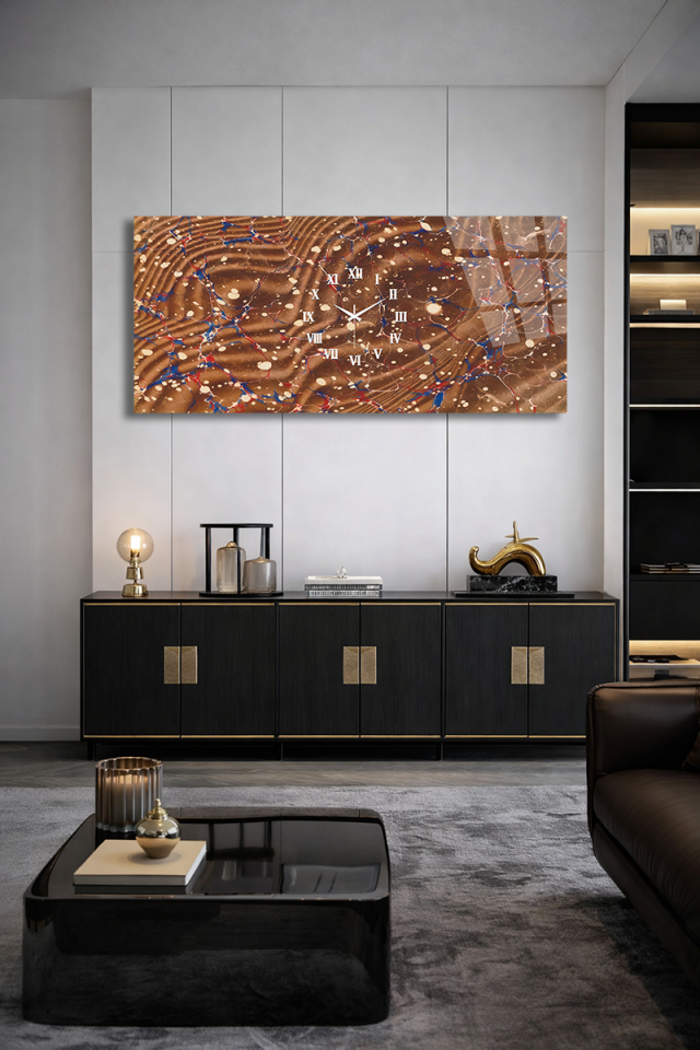 KIRILMAZ CAM DUVAR SAATİ , HEM TABLO HEM SAAT MERMER DOKU KAHVE TONLARI EV OFİS HEDİYESİ