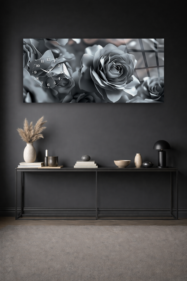 KIRILMAZ CAM DUVAR SAATİ , HEM TABLO HEM SAAT GRİ GÜL ÇİÇEK DESENLİ EV OFİS HEDİYESİ