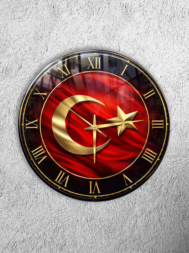 KIRILMAZ CAM DUVAR SAATİ, HEM TABLO HEM SAAT TÜRK BAYRAĞI AY YILDIZ TEMALI GOLD DETAYLI TASARIM EV OFİS HEDİYESİ